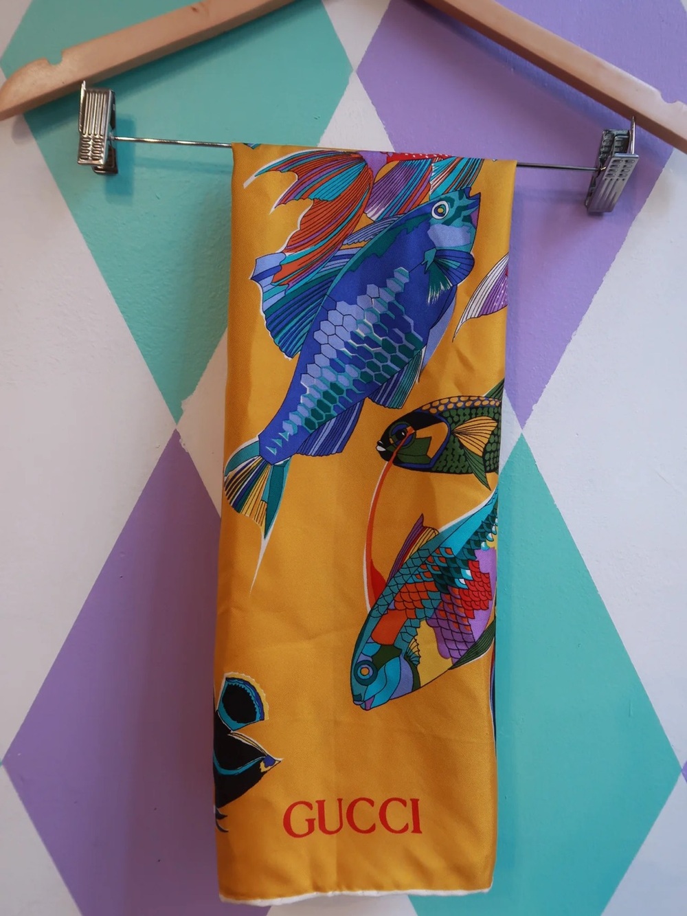 Vintage 1980s Gucci Yellow Silk Scarf with Colorful Koi Fish